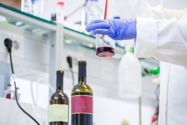 female researcher preparing a sample of red wine for research.